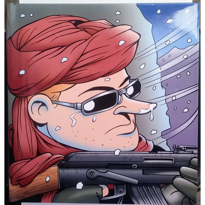 Doonesbury HC Graphic Red Rascal’s War black sunglasses with red hair and gun