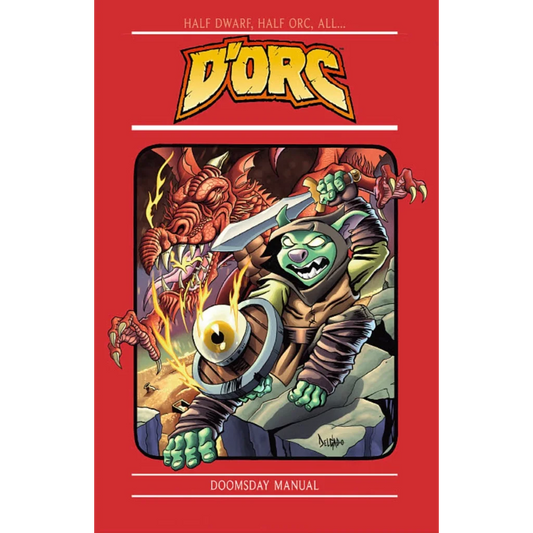 Red comic book cover of dorc 1 3rd print featuring a green orc warrior with sword and shield and a roaring dragon, brett bean