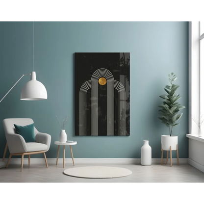 Stunning golden circle abstract canvas wall art with white geometric arches on black canvas against teal wall