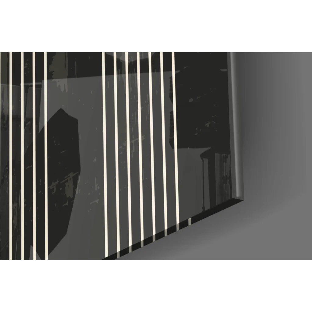 Sleek black white striped glass wall art panel in golden circle abstract