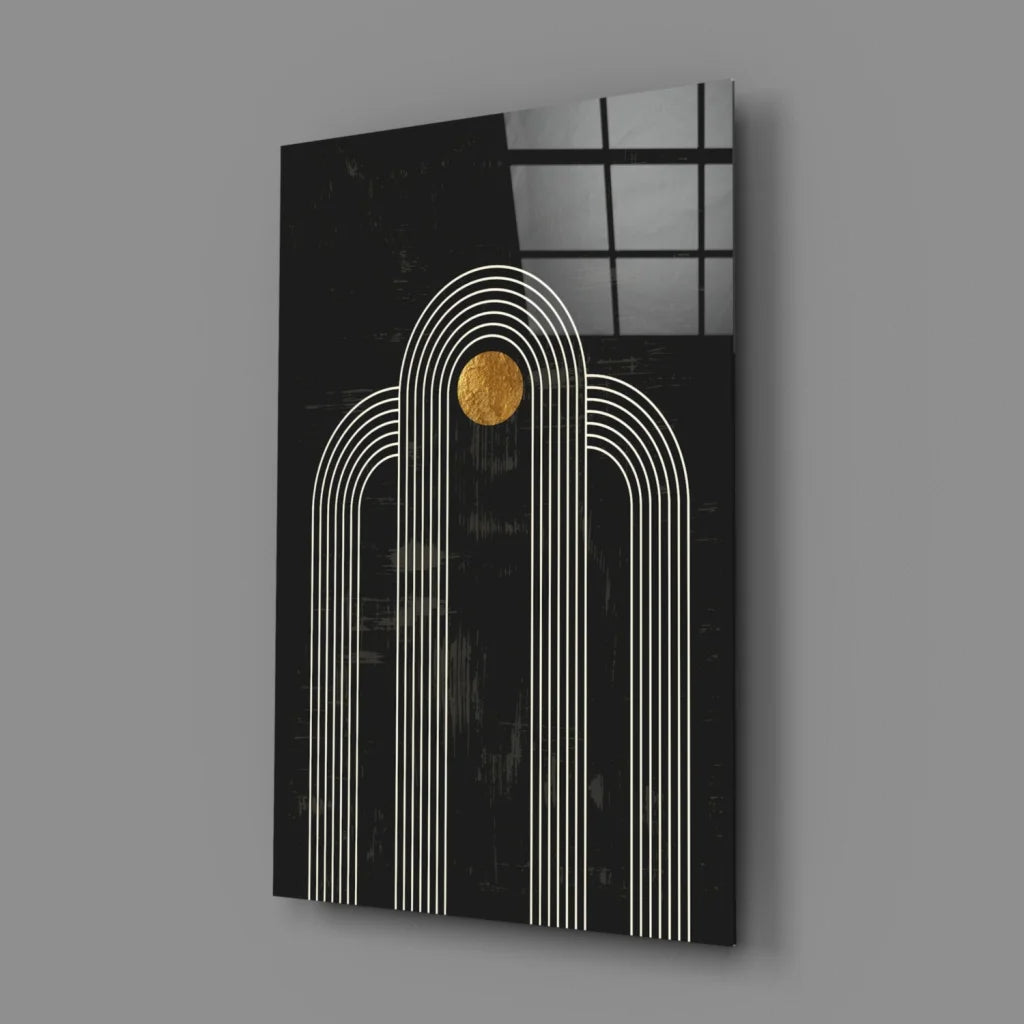 Stunning black gold abstract wall art with white arches and golden circle