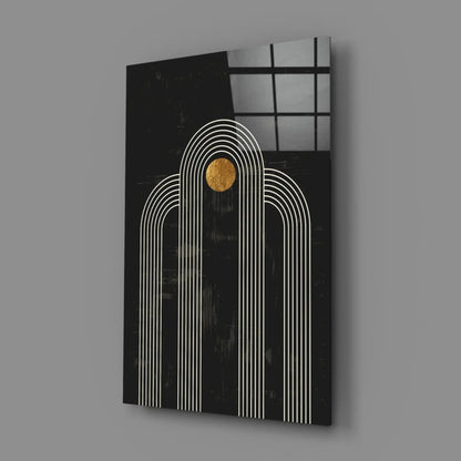 Stunning black gold abstract wall art with white arches and golden circle