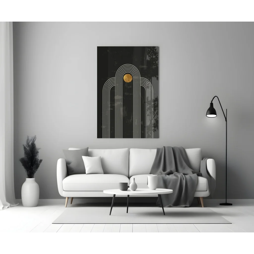 Black and gold abstract wall art canvas with white arches and golden circle