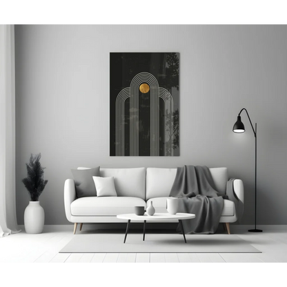 Black and gold abstract wall art canvas with white arches and golden circle