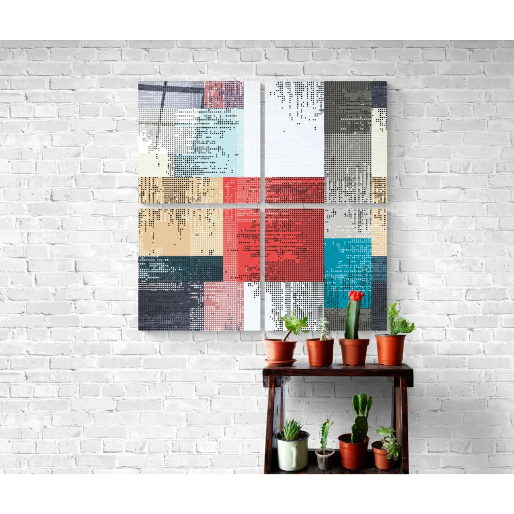 Pixelated mosaic insigne glass wall art in bold red, teal, beige, gray tones