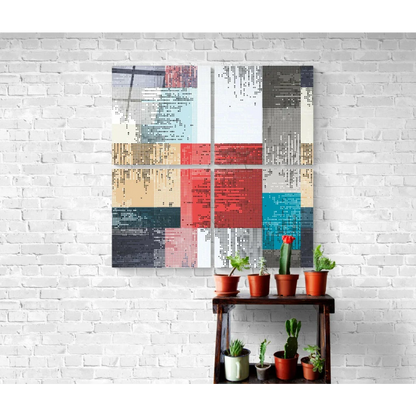 Pixelated mosaic insigne glass wall art in bold red, teal, beige, gray tones