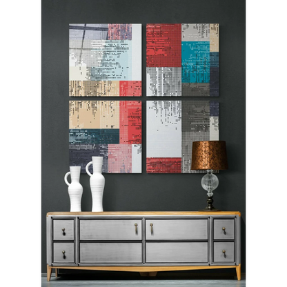 Pixelated Mosaic Insigne Glass Wall Art in bold red, teal, beige, gray tones