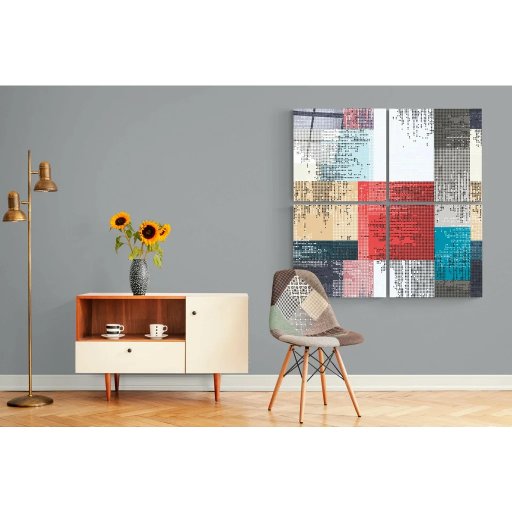 Pixelated Mosaic Insigne Glass Wall Art in bold red, blue, beige, gray blocks