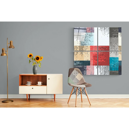 Pixelated Mosaic Insigne Glass Wall Art in bold red, blue, beige, gray blocks