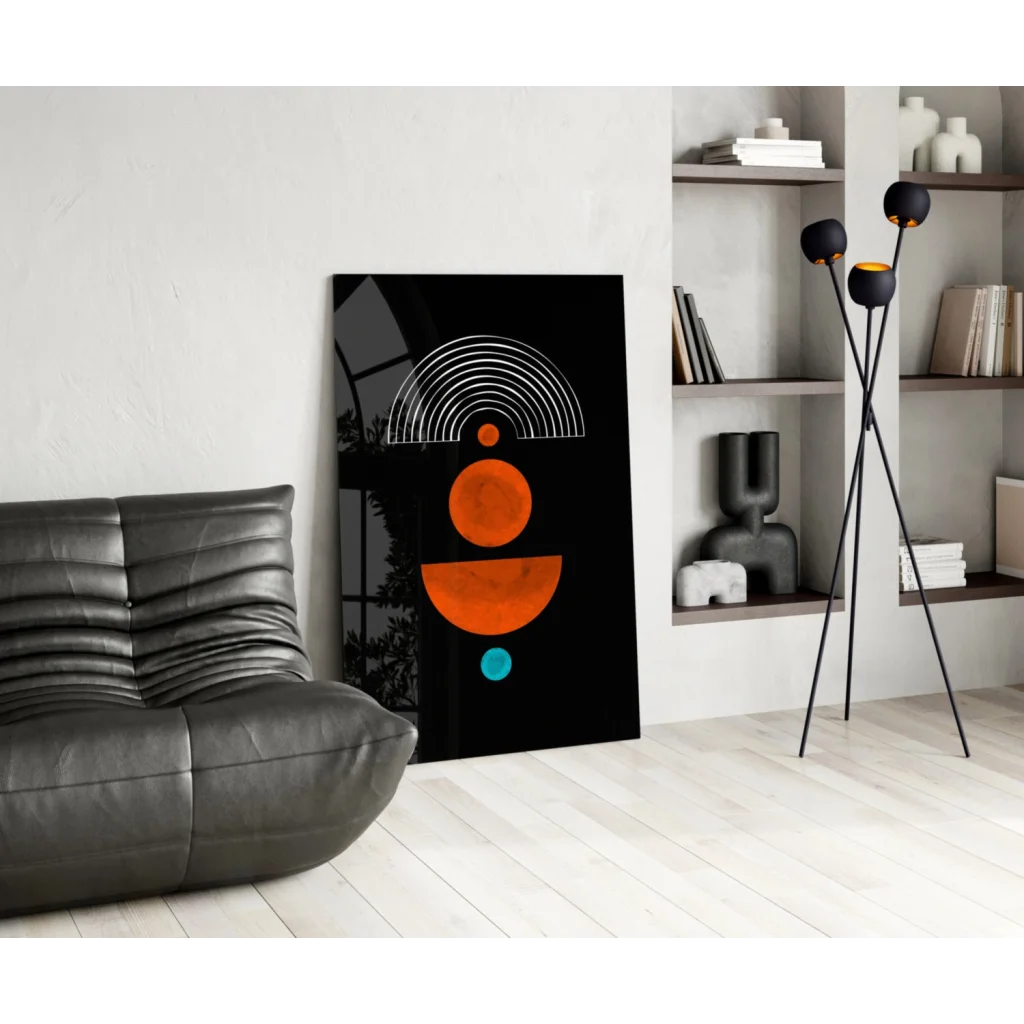 Bold orange and teal geometric glass wall art on black abstract canvas