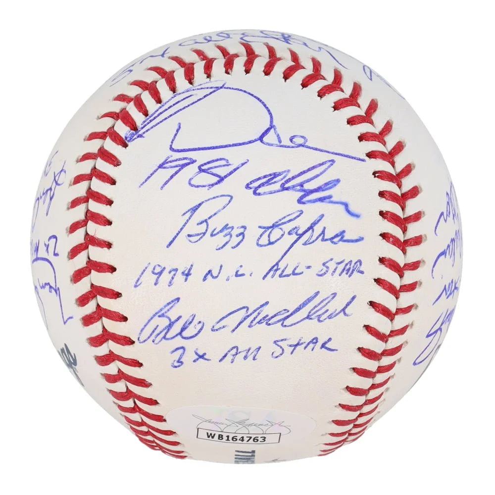 White baseball with red stitching and blue ink autographs of Doug Drabek Jeff Burroughs Benito Santiago