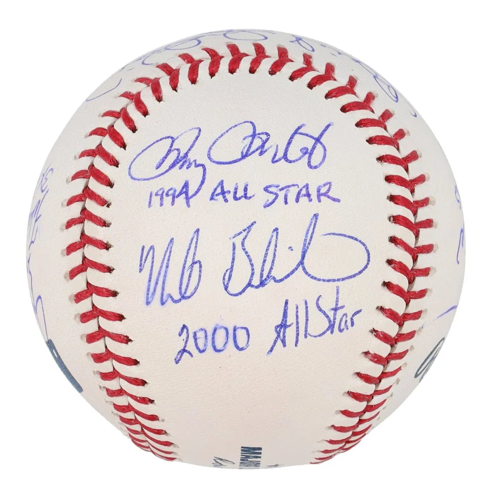Autographed baseball with red stitching signed by Doug Drabek Jeff Burroughs Benito Santiago