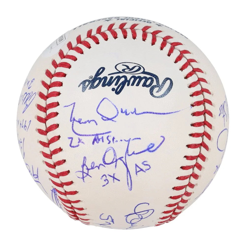 White baseball with red stitching and blue signatures from Doug Drabek Jeff Burroughs Benito Santiago