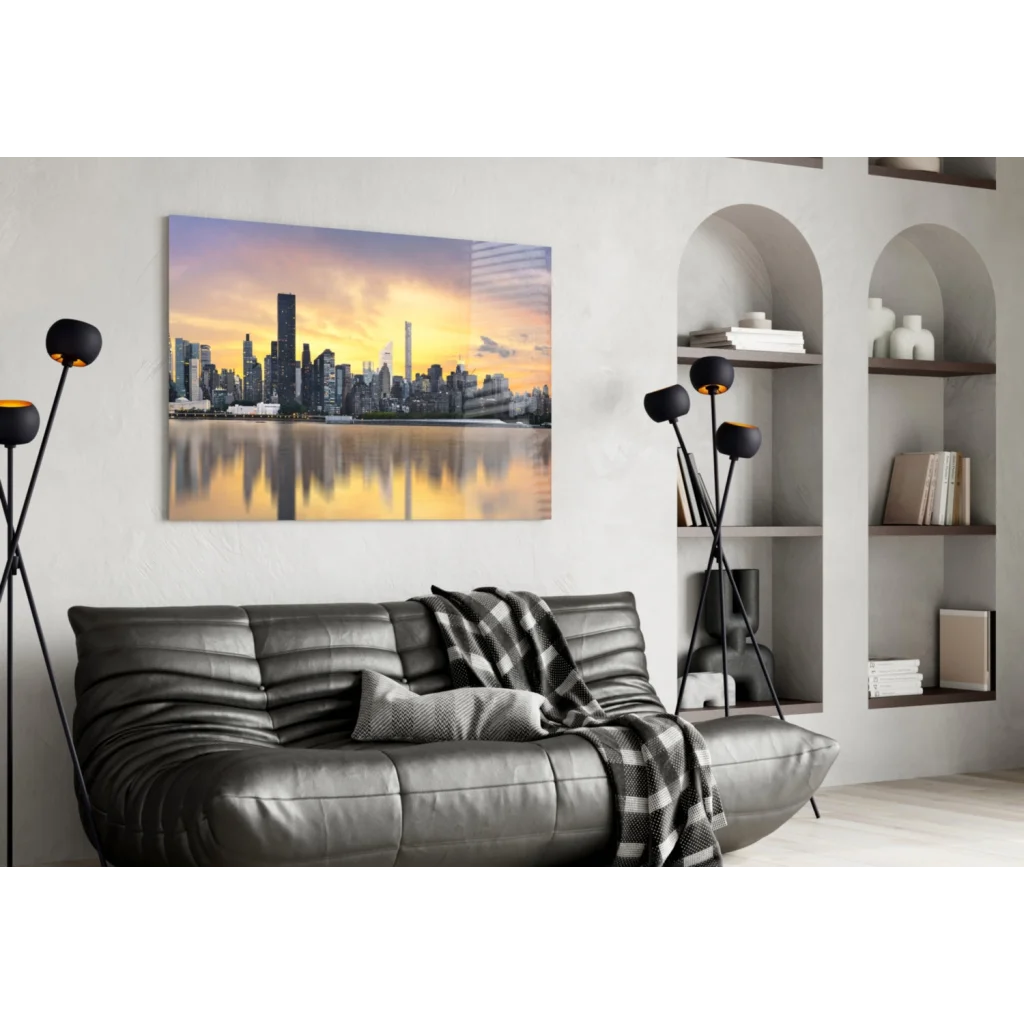 Golden sunset skyline glass wall art with reflective waters