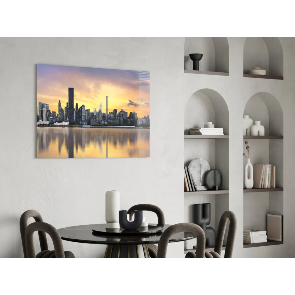 Golden sunset skyline glass wall art with reflective waters