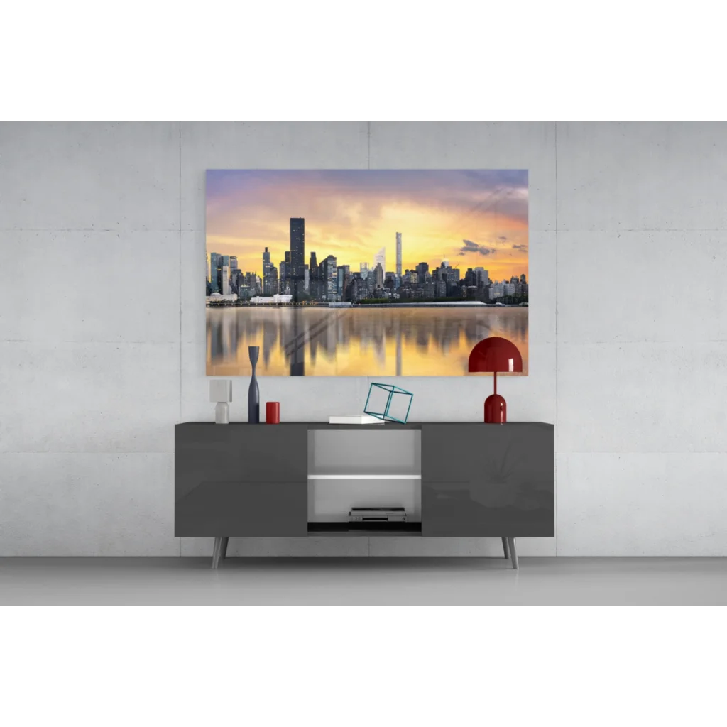 Golden sunset skyline glass wall art with reflective waters
