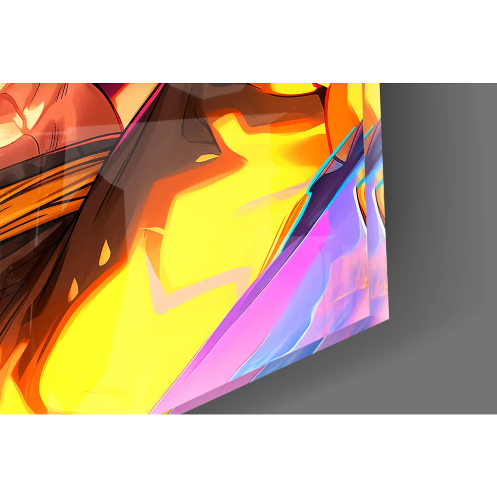 Vibrant Dragon Ball Z Flame Power glass wall art with sharp angles
