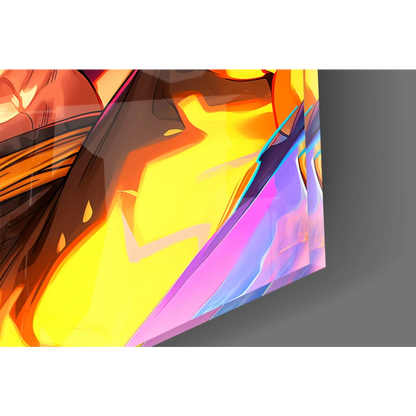 Vibrant Dragon Ball Z Flame Power glass wall art with sharp angles