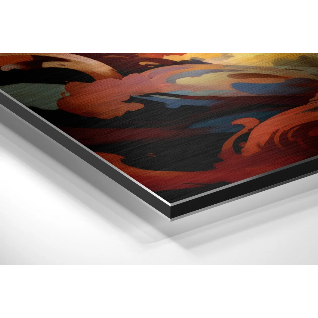 Fiery abstract art print on brushed aluminium dibond with swirling hues