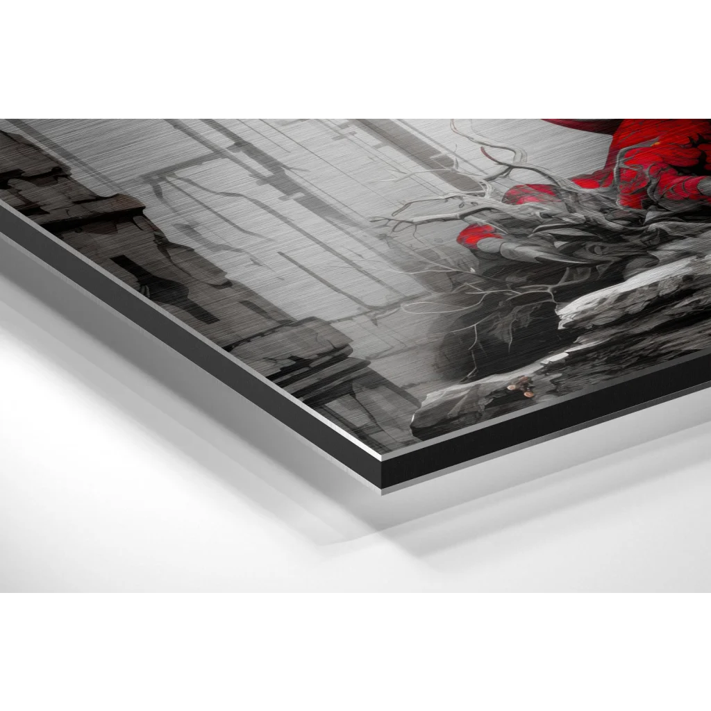 Glass Wall Art Dramatic red dragon art on brushed aluminium dibond print with grayscale ruins