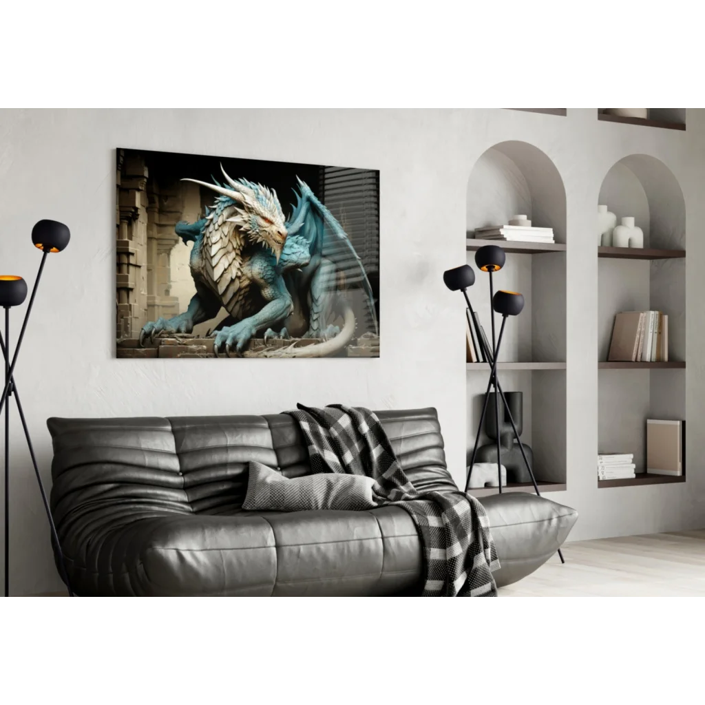 Majestic teal dragon wall art canvas with intricate scales and wings