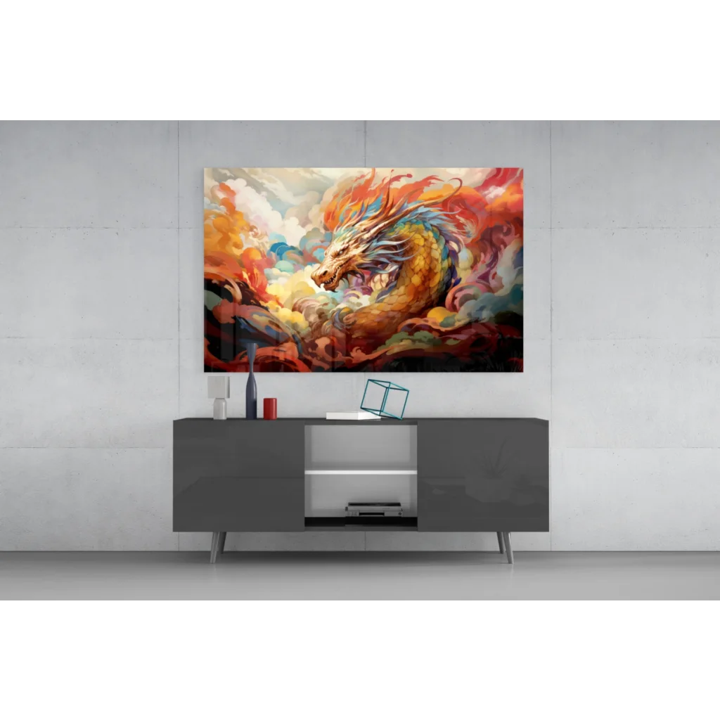 Vibrant fiery dragon wall art on glossy canvas in orange, red, gold hues