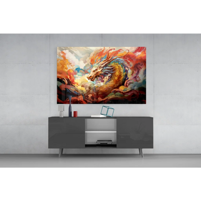 Vibrant fiery dragon wall art on glossy canvas in orange, red, gold hues