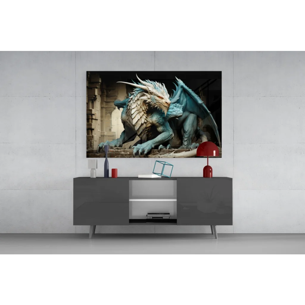 Majestic teal dragon wall art with intricate scales on black wall