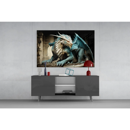 Majestic teal dragon wall art with intricate scales on black wall