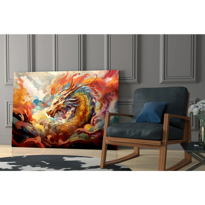 Vibrant fiery dragon wall art canvas in swirling orange gold hues