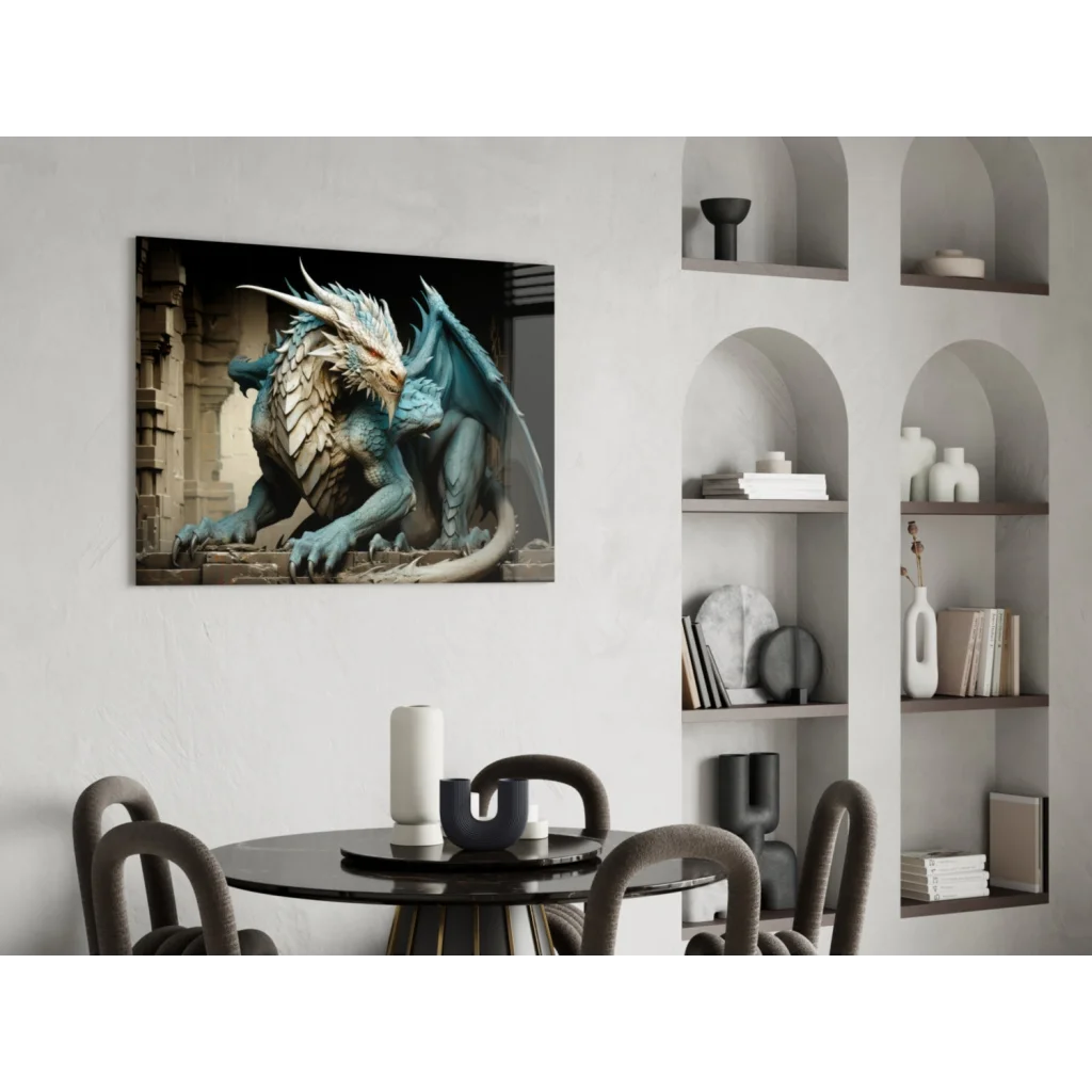 Majestic teal dragon wall art with intricate white and gold scales