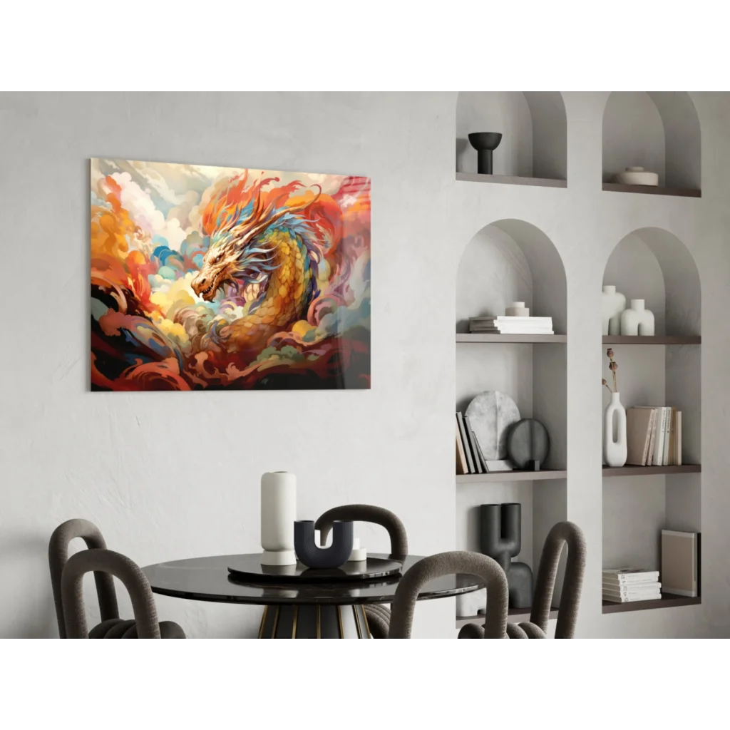 Vibrant fiery dragon wall art in modern dining room