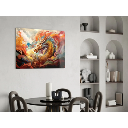 Vibrant fiery dragon wall art in modern dining room