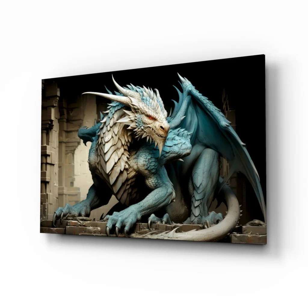 Majestic teal dragon wall art canvas with intricate scales and wings