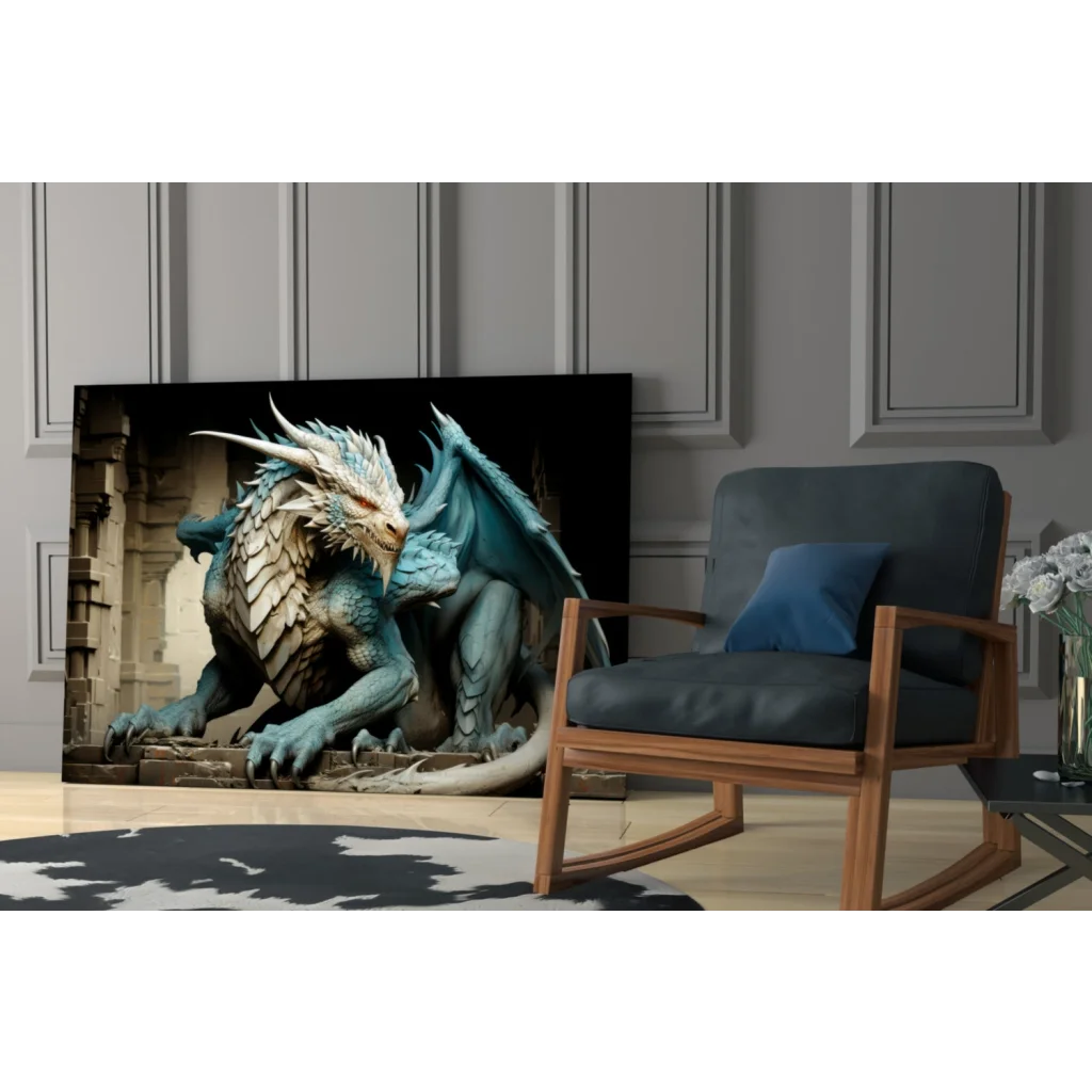 Majestic teal dragon wall art canvas with intricate scales and wings