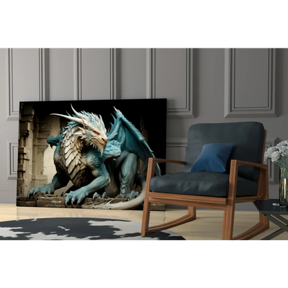 Majestic teal dragon wall art canvas with intricate scales and wings