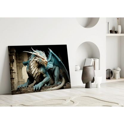 Majestic teal dragon wall art on sleek black canvas with intricate scales