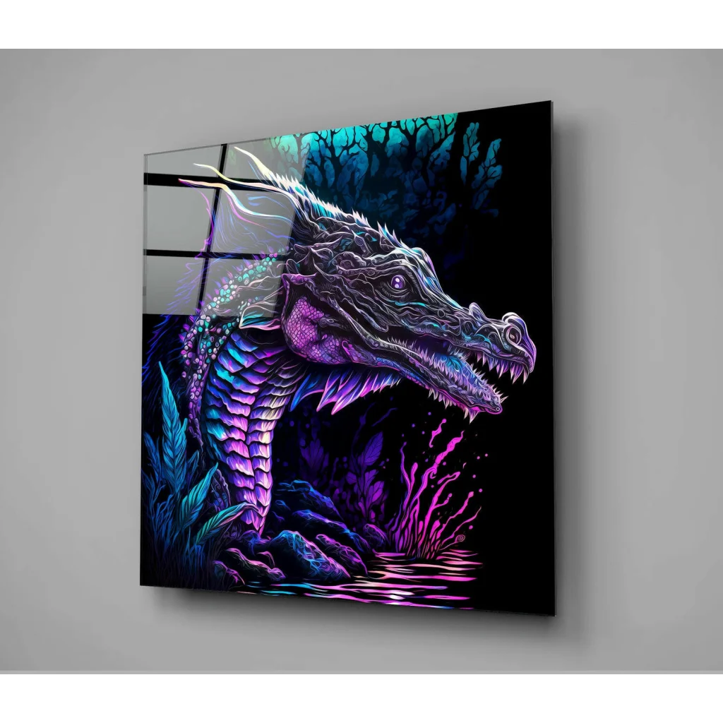 Neon Dragon Glass Wall Art That Glows Like Magic | Glass Wall Art Print | vintageantiquesgifts.com