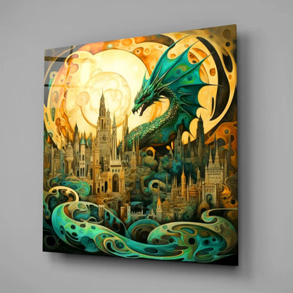 Vibrant teal dragon soars over fantasy city in tempered glass art
