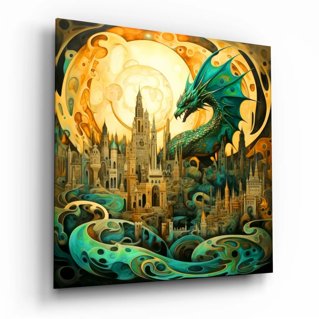 Vibrant teal dragon soars over fantasy city in tempered glass art