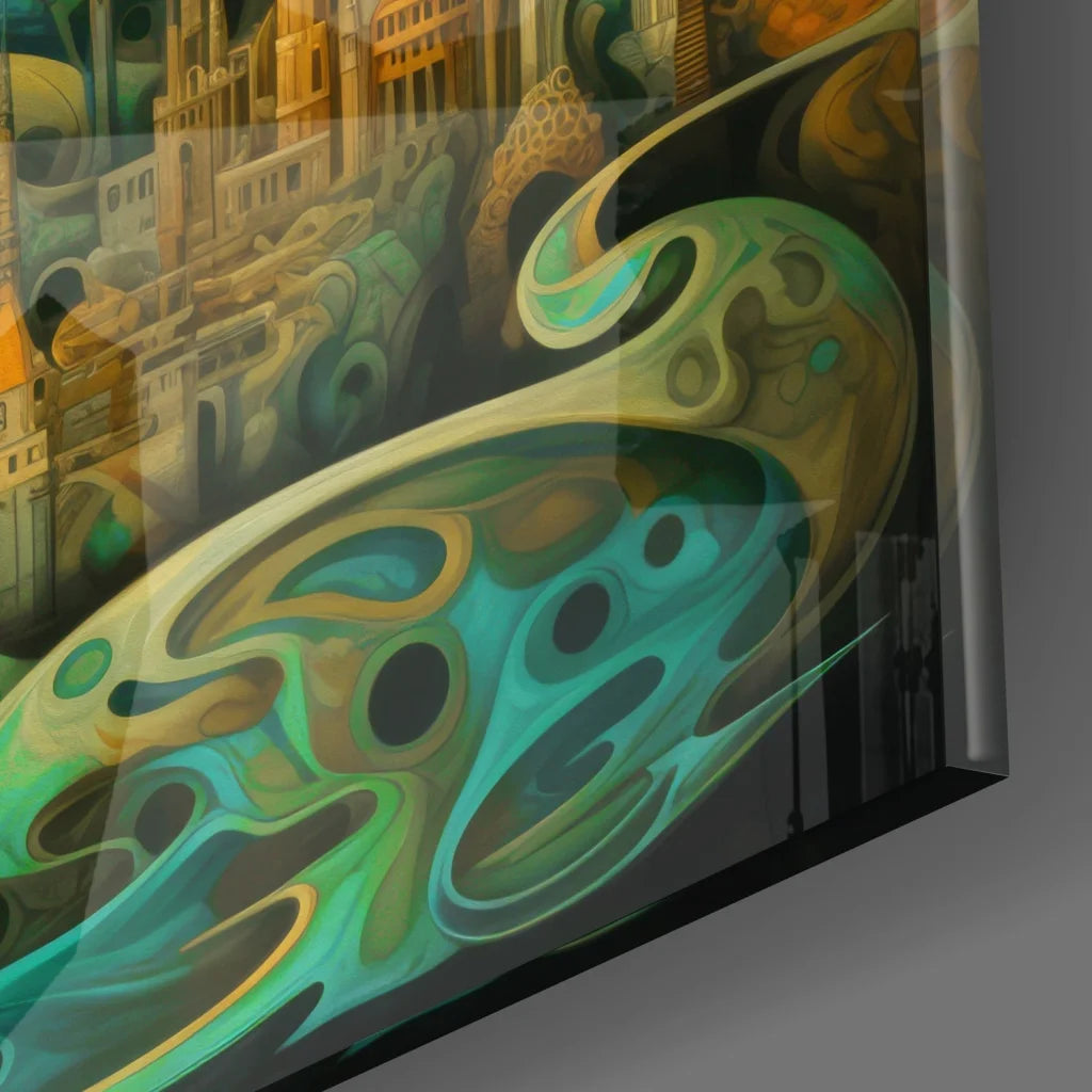 Vibrant teal dragon tempered glass art over fantasy cityscape