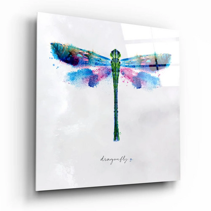 Vibrant tempered glass art of watercolor dragonfly with iridescent blue and pink wings