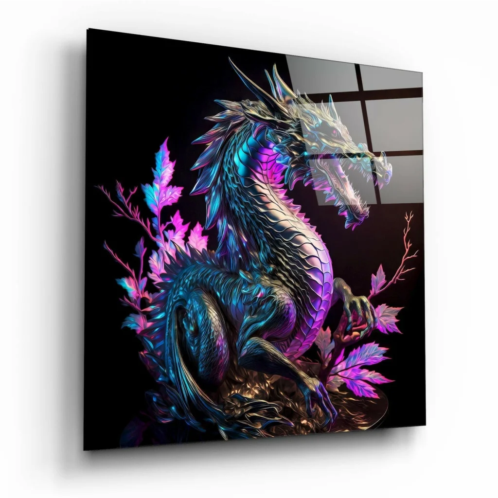 Vibrant iridescent dragon glass wall art with neon glow and pink leaves