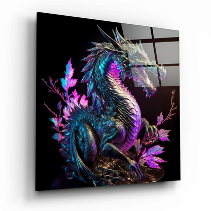 Vibrant iridescent dragon glass wall art with neon glow and pink leaves