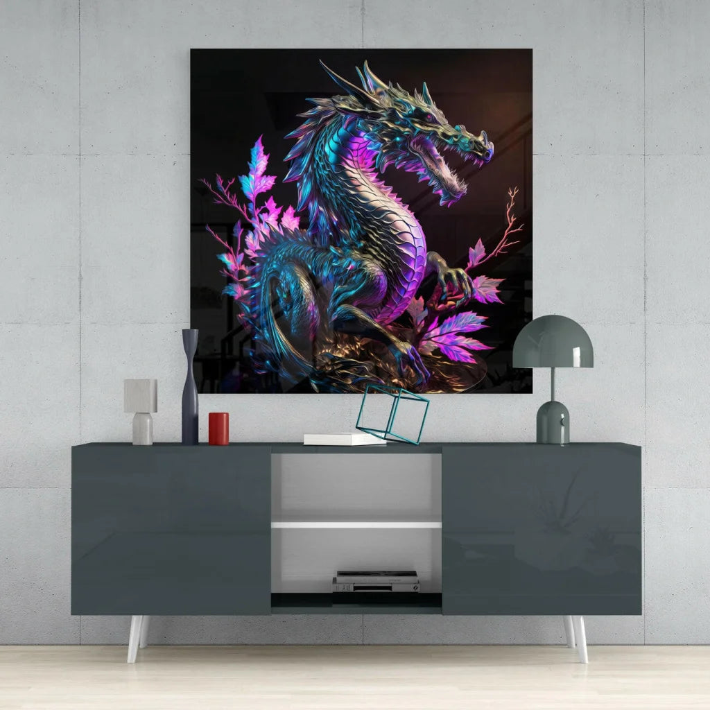 Vibrant dragon glass wall art with iridescent scales and neon glow effects