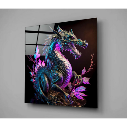 Vibrant neon dragon glass wall art on reflective acrylic panel