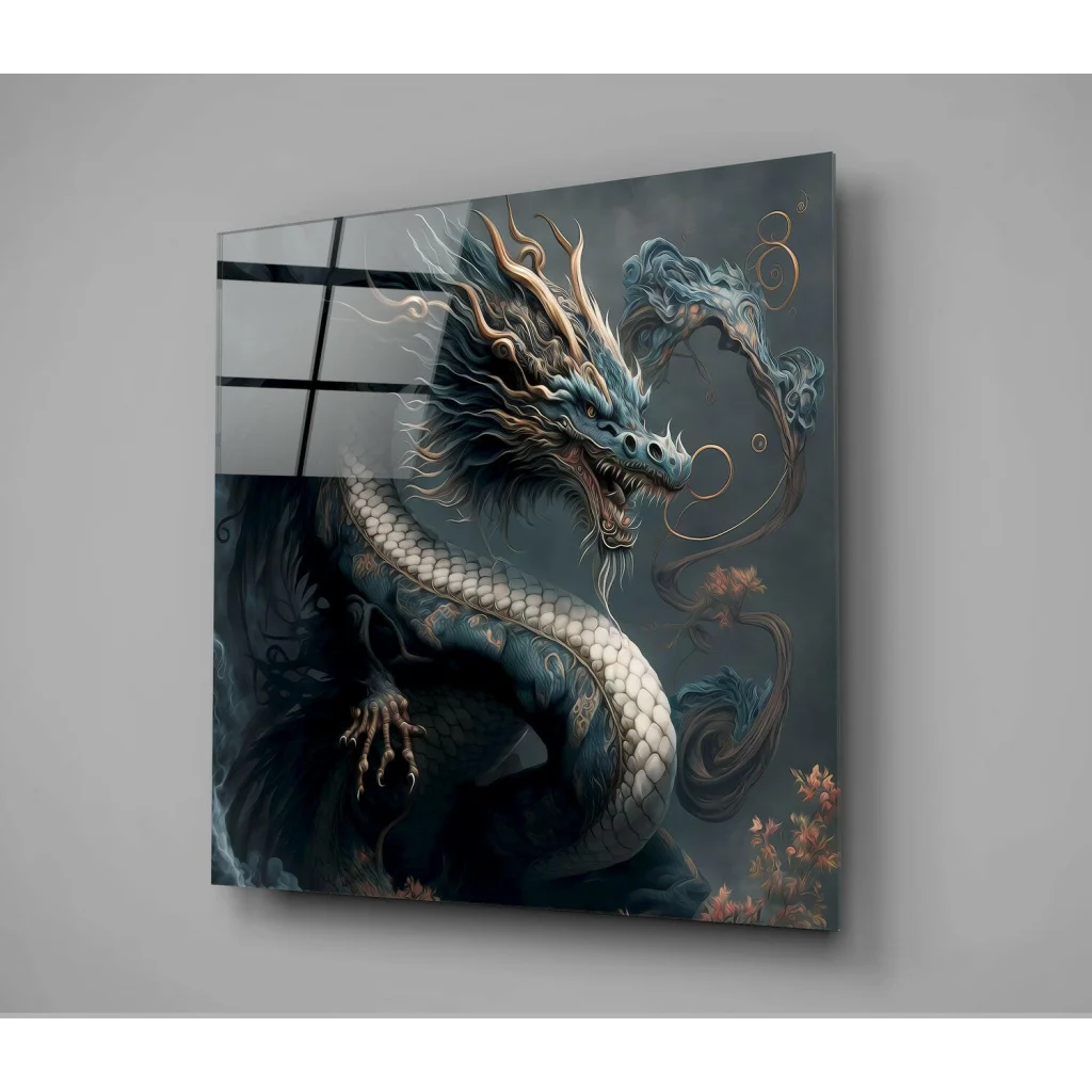 Stunning Dragon Glass Wall Art with Flowing Floral Accents | Glass Wall Art Print | vintageantiquesgifts.com