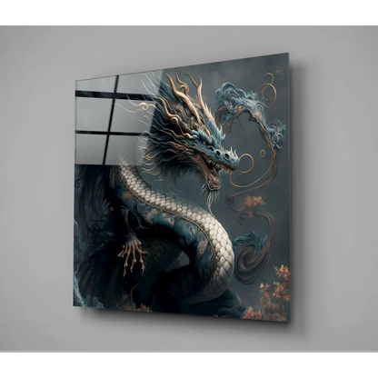 Stunning Dragon Glass Wall Art with Flowing Floral Accents | Glass Wall Art Print | vintageantiquesgifts.com