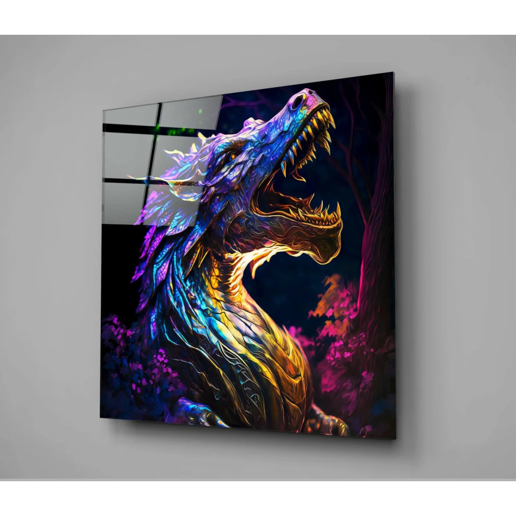 Vibrant neon dragon glass wall art with pink purple glow on acrylic panel