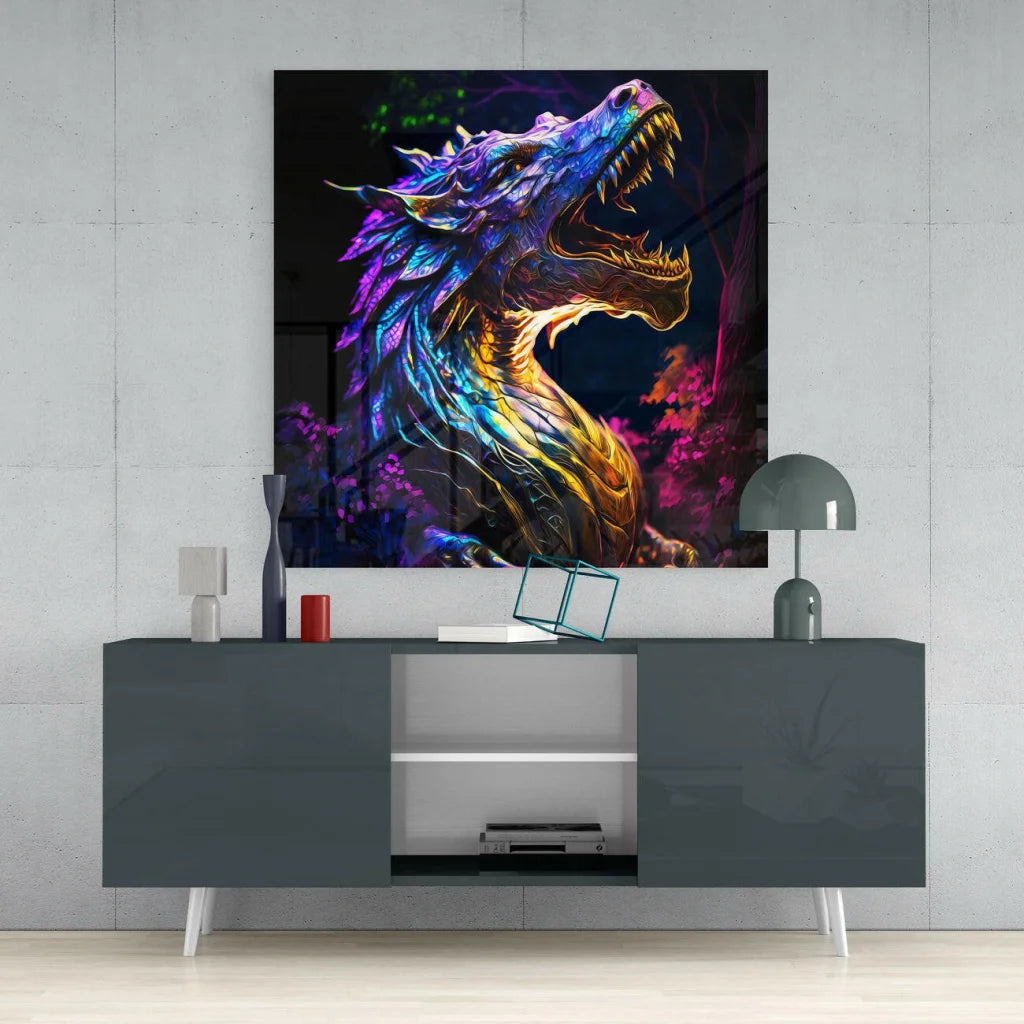 Vibrant neon dragon glass wall art with purple blue gold iridescent scales